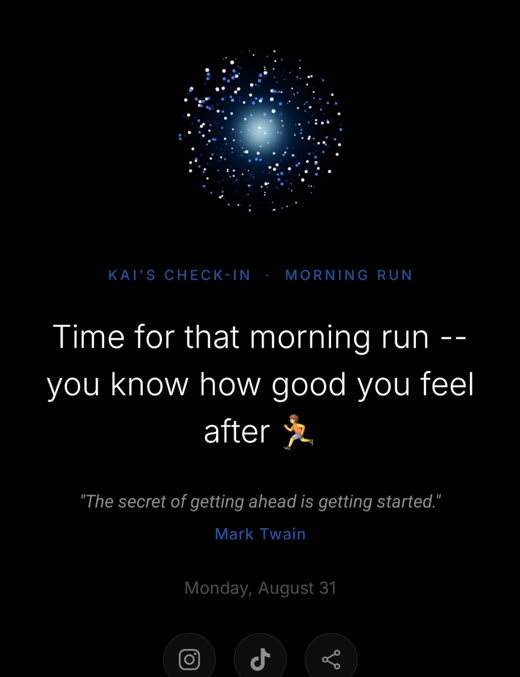 Kai’s check-in card: Time for that morning run, with a Mark Twain quote