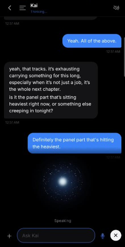 Voice inside the conversation: the chat continues above while Kai speaks